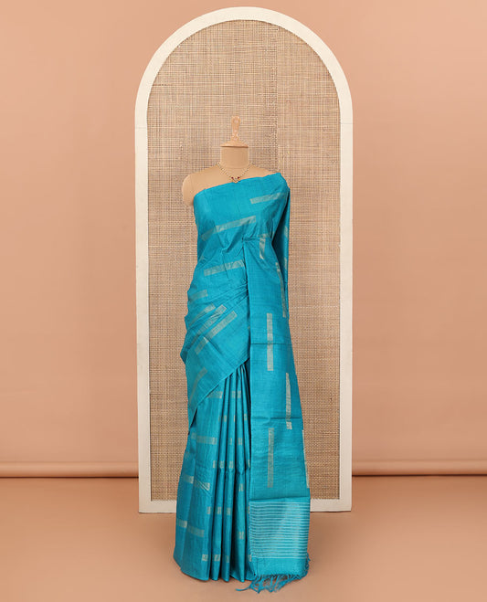 Borderless blue rectangle blocks zari woven tussar silk saree with self-pallu of stripes