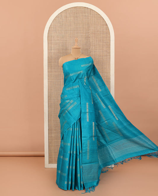 Borderless blue rectangle blocks zari woven tussar silk saree with self-pallu of stripes