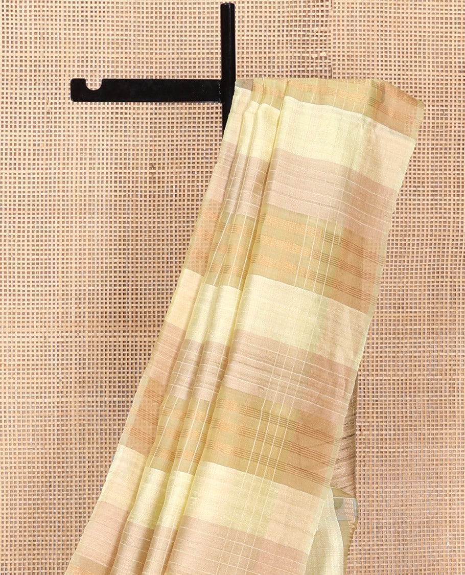 Borderless Yellow Tussar Silk Saree, Enthralled with Checked Design on Its Body, a Self-Heathered Pallu, and Paired with a Matching Blouse