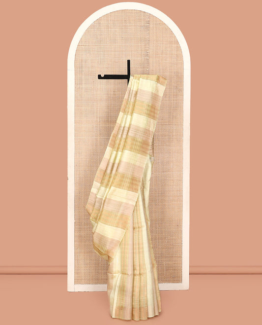 Borderless Yellow Tussar Silk Saree, Enthralled with Checked Design on Its Body, a Self-Heathered Pallu, and Paired with a Matching Blouse
