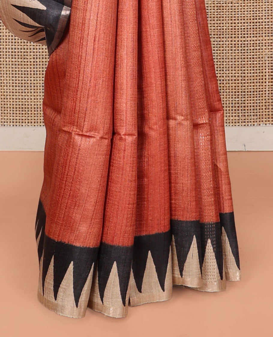 Orange Tussar Silk Saree, Adorned with Checks and Plain, Complemented by a Contrast Temple Border, Temple Pallu, and a Contrast Blouse