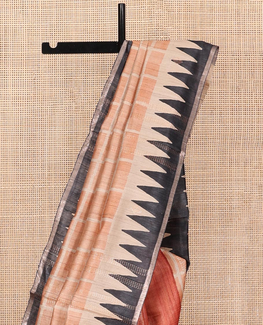 Orange Tussar Silk Saree, Adorned with Checks and Plain, Complemented by a Contrast Temple Border, Temple Pallu, and a Contrast Blouse