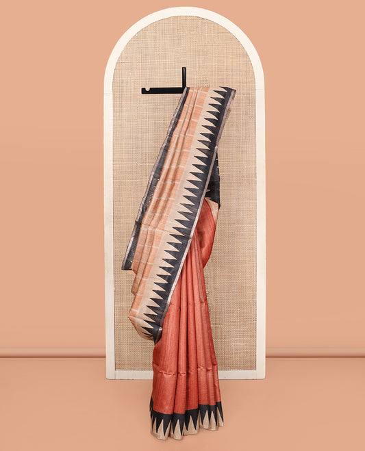 Orange Tussar Silk Saree, Adorned with Checks and Plain, Complemented by a Contrast Temple Border, Temple Pallu, and a Contrast Blouse