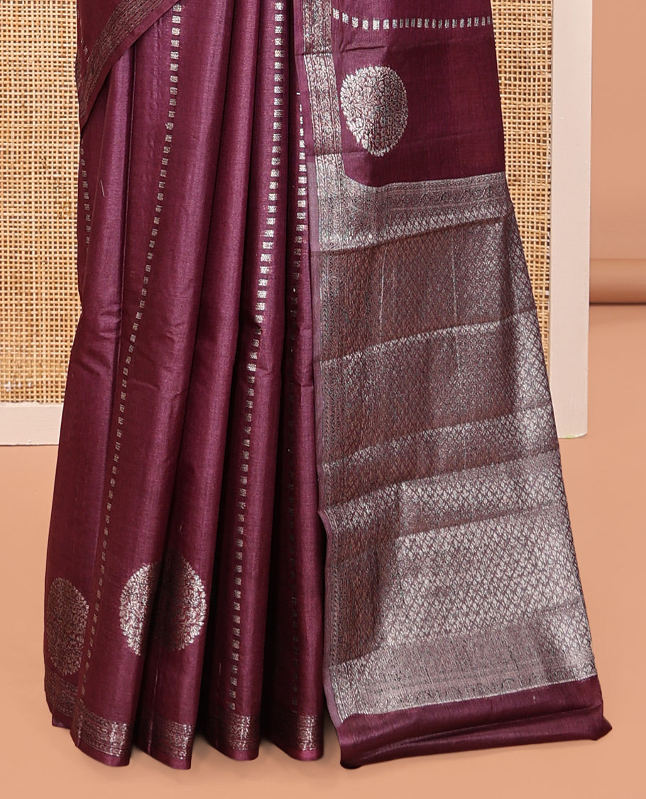 Maroon Tussar Silk Saree, Gleamed Up with Zari Buttas and Stripes, a Piping Border, Jaal Pallu, and a Matching Blouse