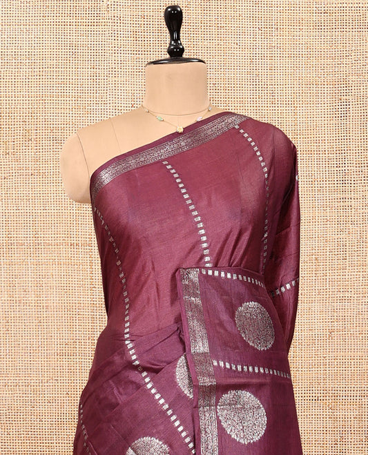 Maroon Tussar Silk Saree, Gleamed Up with Zari Buttas and Stripes, a Piping Border, Jaal Pallu, and a Matching Blouse
