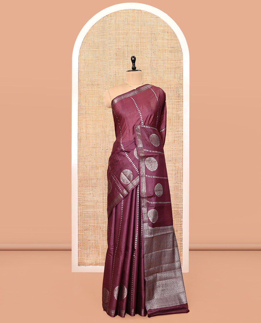 Maroon Tussar Silk Saree, Gleamed Up with Zari Buttas and Stripes, a Piping Border, Jaal Pallu, and a Matching Blouse