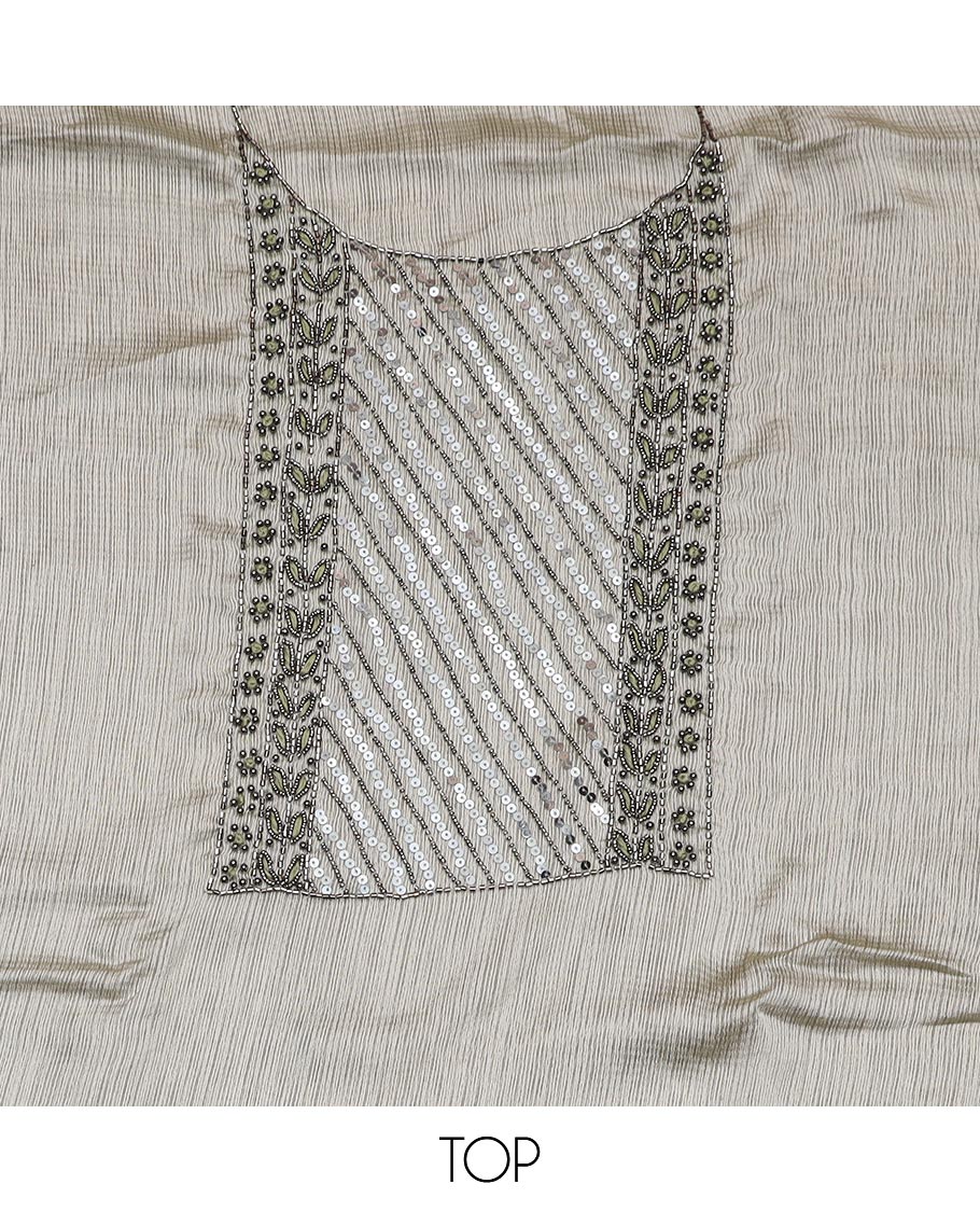 Pale green material chudidar set, neck embroidered top, plain bottom, and plain scallop border dupatta