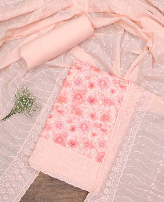 Baby pink chudidhar material set floral emboridery top, plain botttom & floral vine thread embroidery dupatta