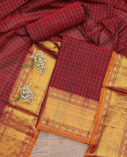 Maroon checked, intricate zari design chudidhar material top with plain bottom & plain, zari design border dupatta