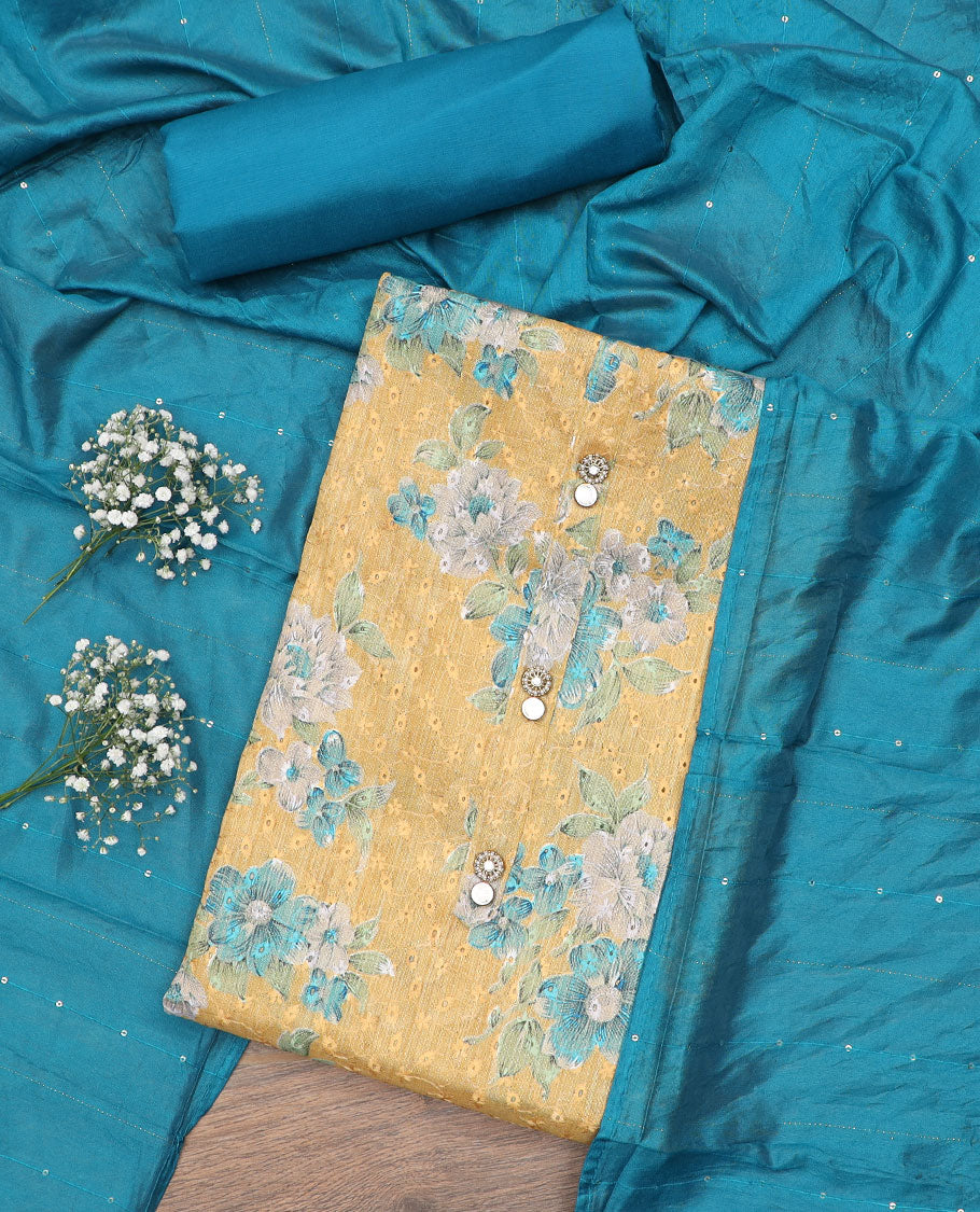 Yellow material chudidar set, floral printed with thread embroidered top, contrast plain bottom and sequins striped dupatta