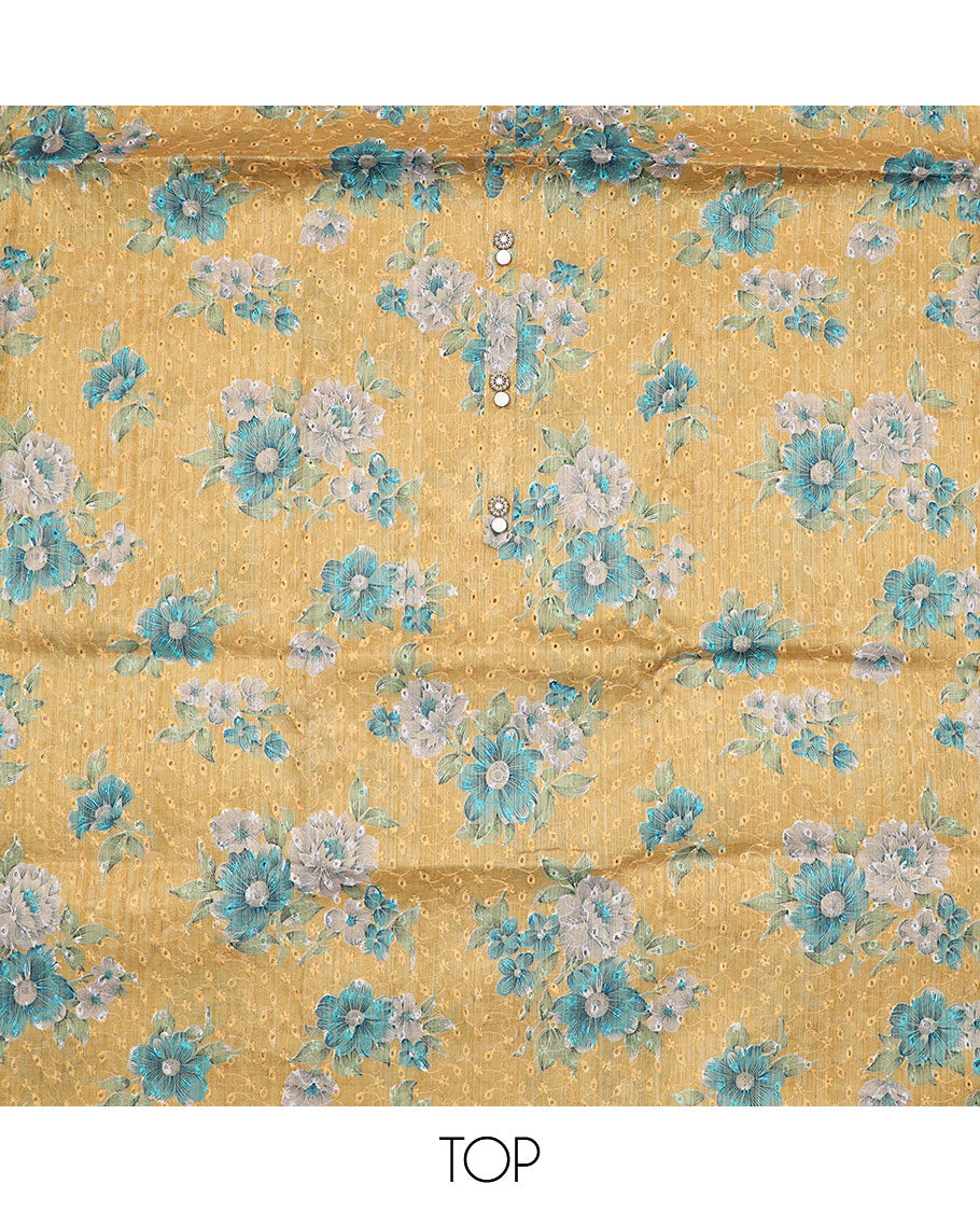 Yellow material chudidar set, floral printed with thread embroidered top, contrast plain bottom and sequins striped dupatta