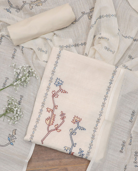 Cream material chudidar set, jamdani floral and bird thread embroidered top, plain bottom, and jamdani design dupatta