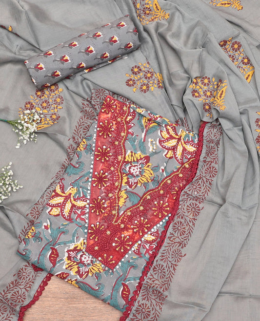 Grey Cotton Material Churidar Set, Enthralled with Floral Vine Print and V-Neck Top, Floral Printed Bottom, and Dupatta