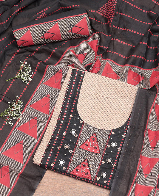 Chikku Cotton Material Churidar Set, Crafted with Stripes and Neck Work Top, a Contrast Geometric Printed Bottom, and Geometric Printed Dupatta