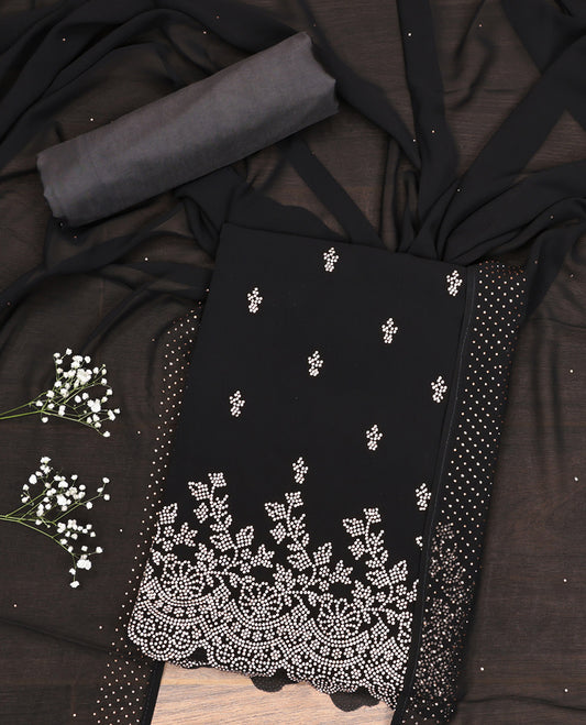 Black Material Churidar Set, Bedecked with Intricately Printed on Its Chanderi Silk Top, a Plain Bottom, and Printed Dupatta