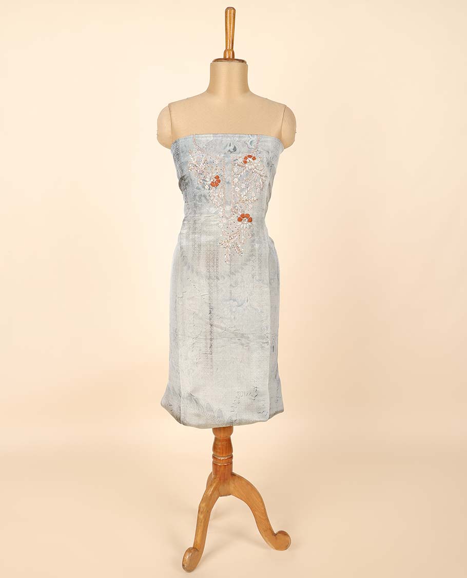 Grey material chudidhar set, print & embroidered top, plain bottom & floral printed dupatta