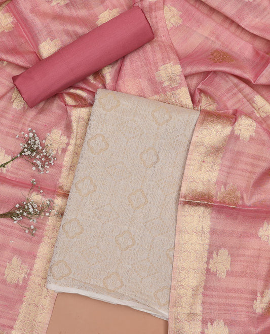 Cream chudidhar material set,intricate design top, pink plain bottom & floral design dupatta