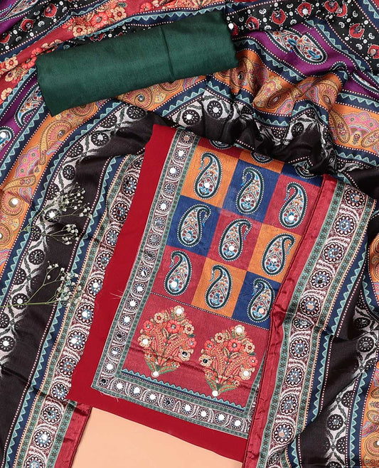 Red chudidhar material set floral thread embroidered with mirror work top, plain bottom & floral design, mirror work dupatta