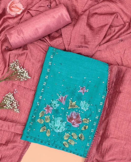 Blue chudidhar material set floral design with sequins embroidery top, plain bottom & floral design with sequins embroidery dupatta