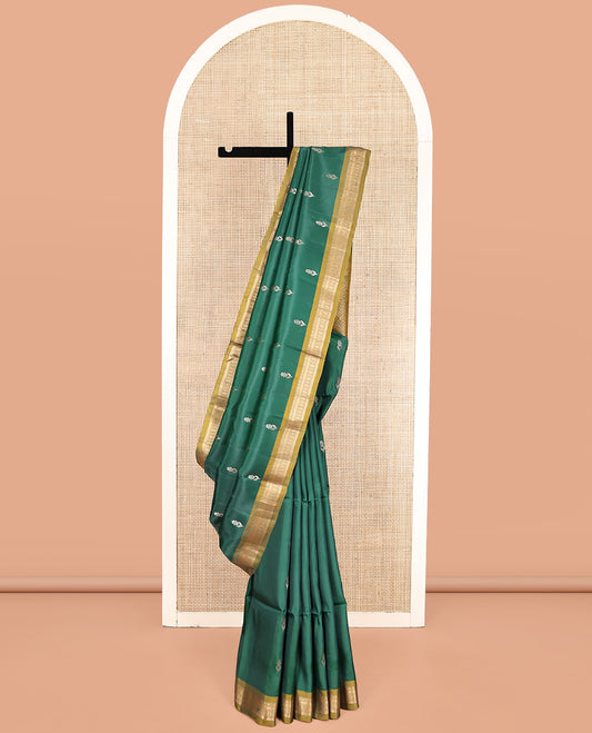 Green Uppada Silk Saree, Highlighted with Zari Buttas, a Contrast Traditional Zari Border, Contrast Intricate Pallu, and a Contrast Blouse