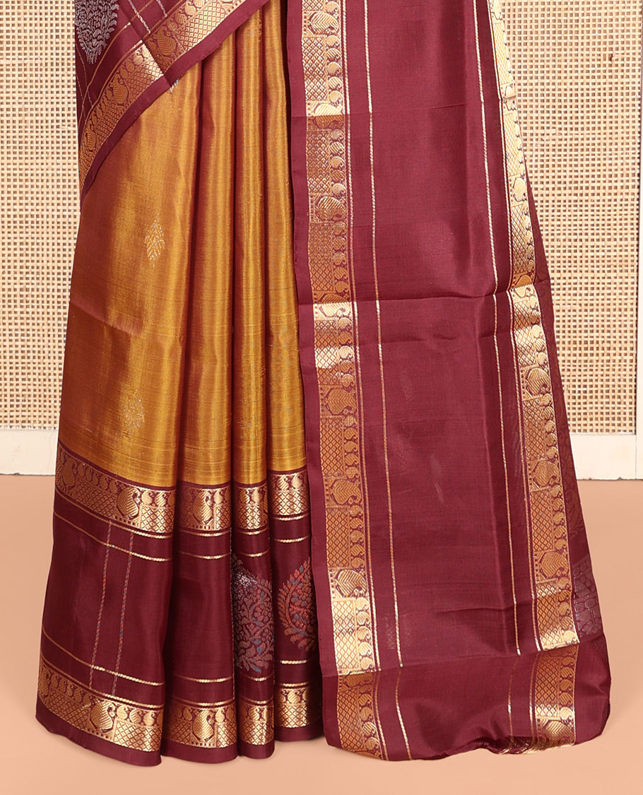 Mustard Uppada Silk Saree, Finely Crafted with Buttas, Complemented by a Contrast Traditional Zari Design Border, Floral-Paisley Pallu, and a Contrast Blouse