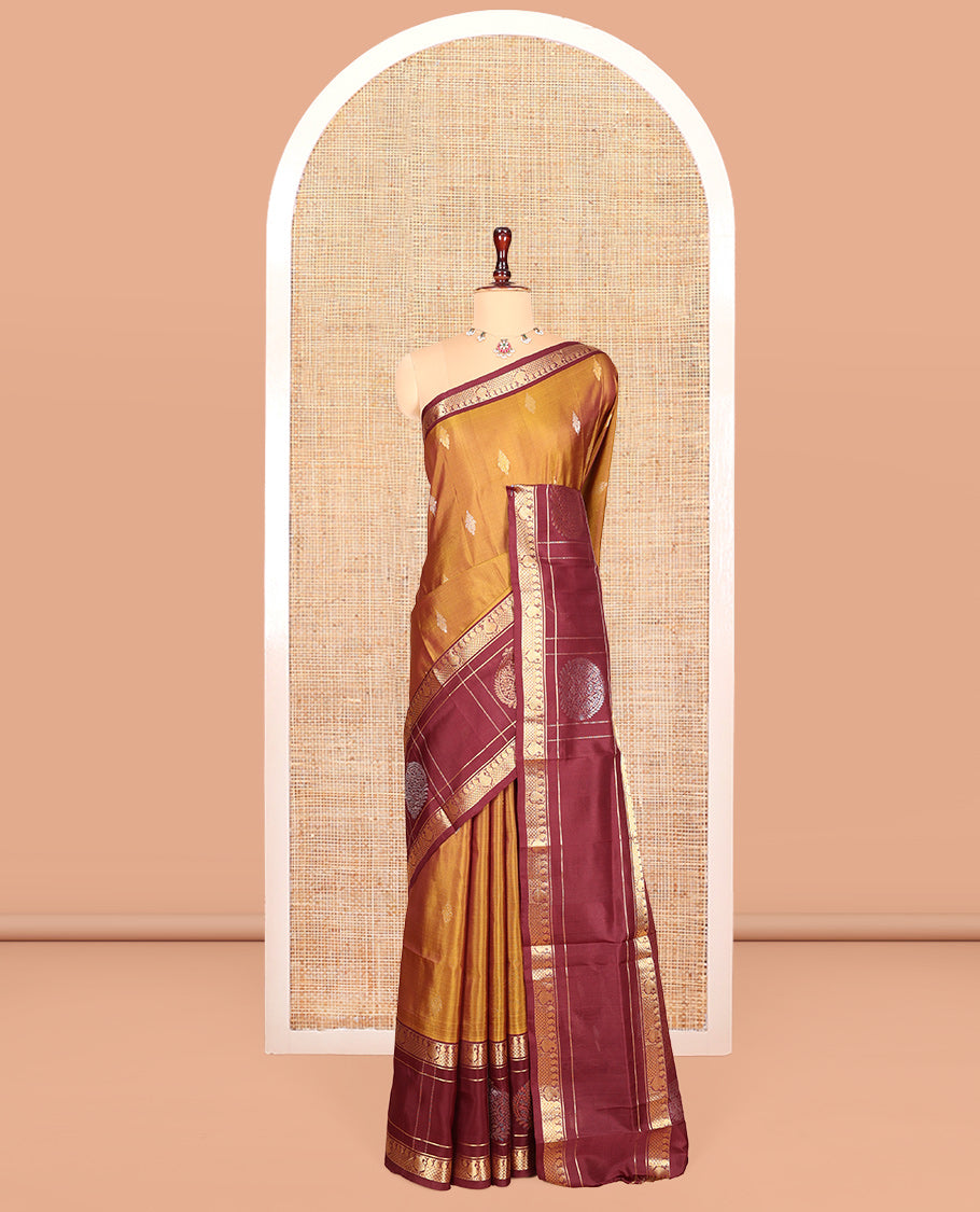 Mustard Uppada Silk Saree, Finely Crafted with Buttas, Complemented by a Contrast Traditional Zari Design Border, Floral-Paisley Pallu, and a Contrast Blouse