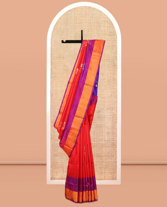 Red Uppada Silk Saree, Bedecked with Floral Zari Buttas, Complemented by Contrast Bavanji Border, Grand Pallu of Floral Buttas and a Contrast Blouse