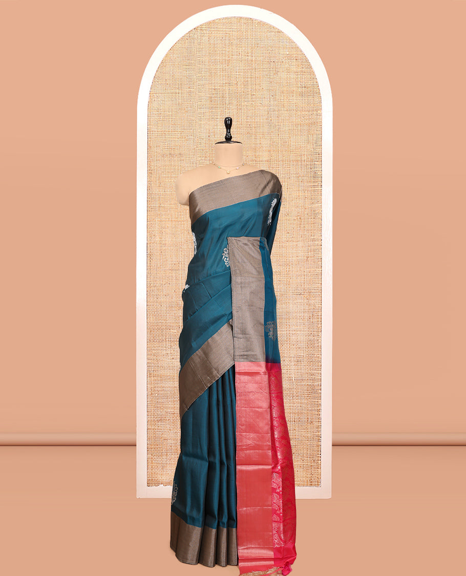 Peacock Blue Semi Uppada Saree, Features Zari Buttas, a Bavanji Border, Contrast Floral Pallu, and a Contrast Blouse