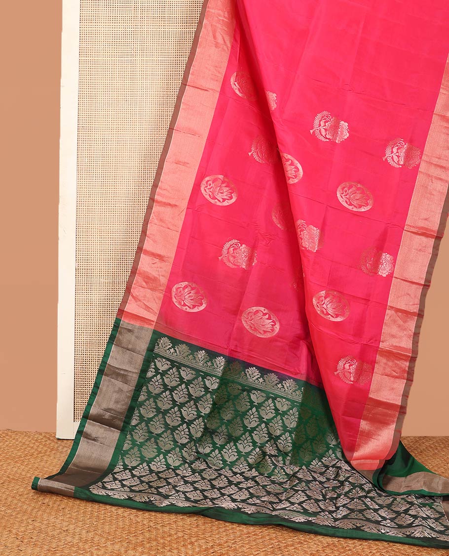 Pink zari buttas Uppada saree, contrast bavanji border, and intricately designed pallu