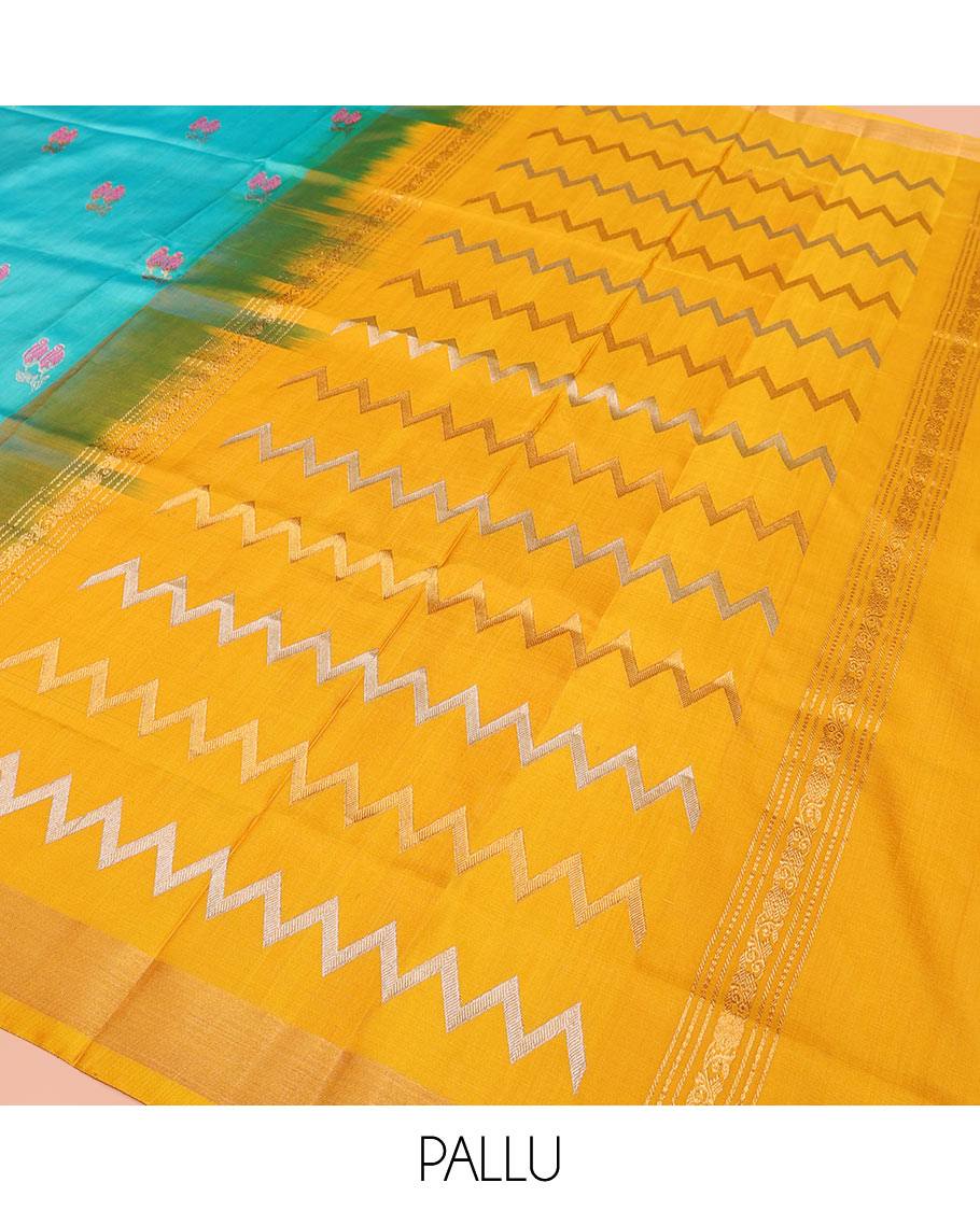 Sky Blue Uppada Silk Saree Elegantly Framed with Meena Floral Buttas, Complemented by a Contrast Bavanji  Border, Pallu Steeped with Floral-Paisley Designs, and Paired with a Contrast Blouse