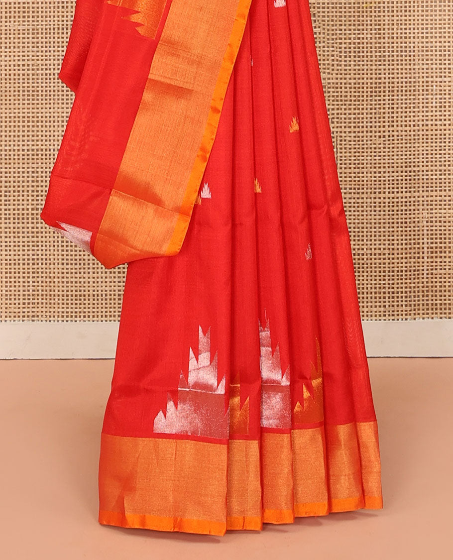 Bright Red Uppada Silk Saree Gleaming Up with Zari Temple Buttas, Features Temple Zari Border, Captivating Contrast Pallu of Temple Buttas, and Paired with a Contrast Blouse