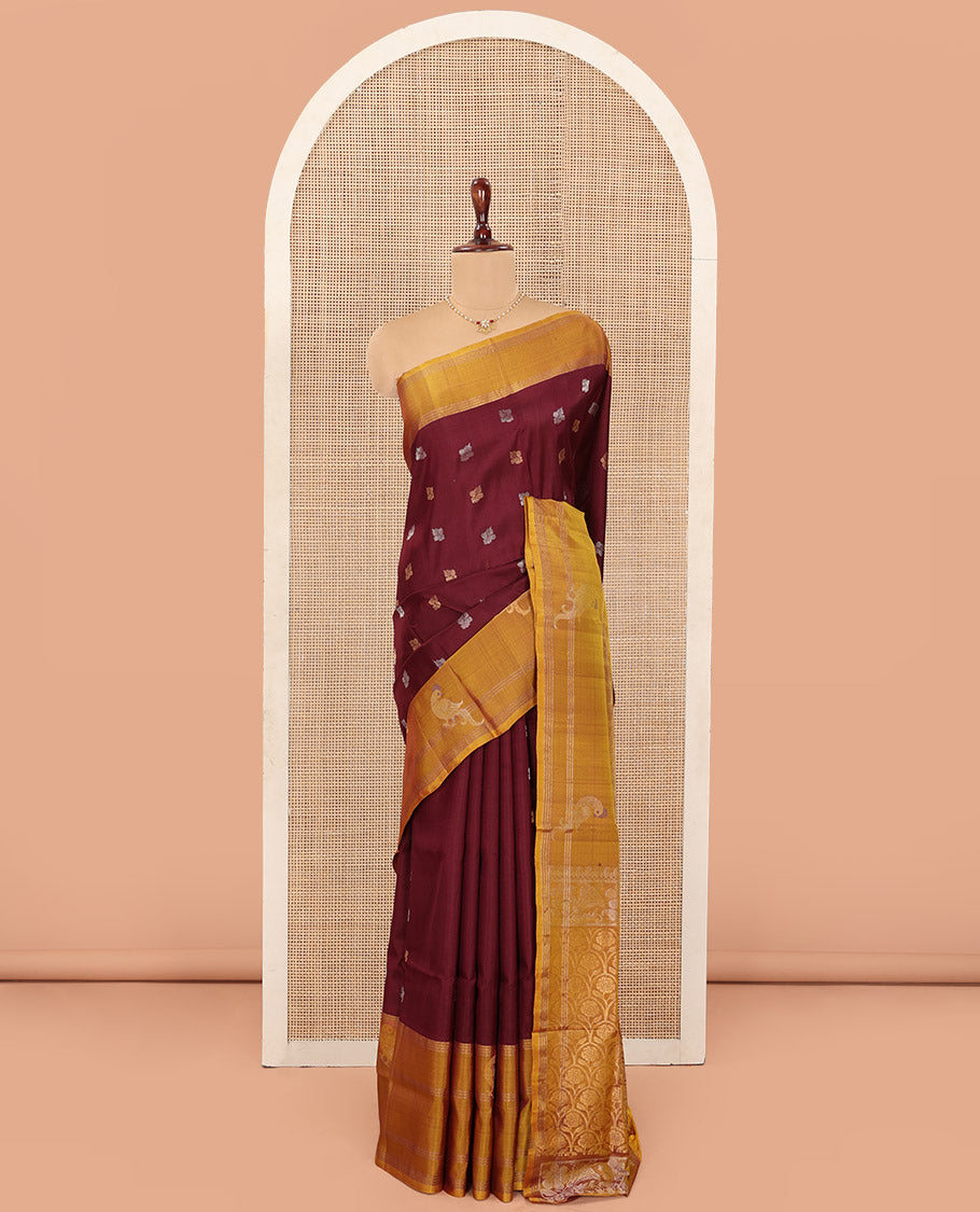 Maroon Uppada Silk Saree Ornamented with Zari Buttas, Complemented by a Contrast Zari Border of Bird Designs, Contrast Pallu of Scallop Designs, and Paired with a Contrast Blouse