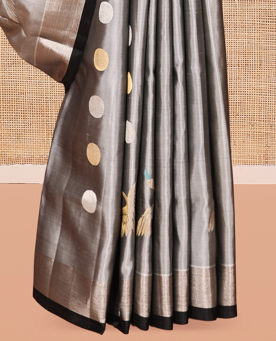 Grey Polka Dot and Crane Buttas Venkatagiri Silk Saree, a Zari Border, Floral Pallu, Contrast Blouse