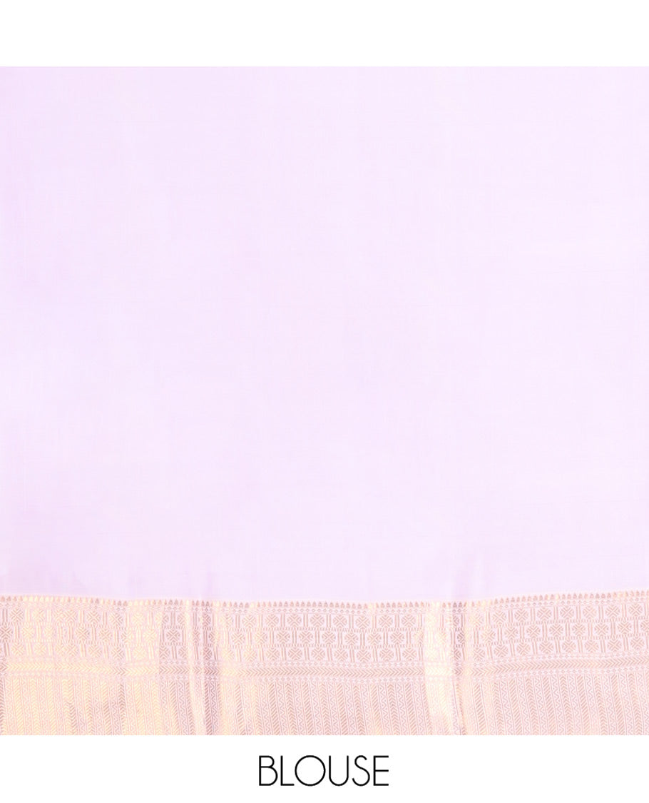 Orange Vasundhara Lite-Silk Mix Saree, Embellished with Chakram Zari Buttas All Over Its Body, Complemented by a Contrast Border of Rekku, Rudraksham, Neli, and Kathir Designs, Artfully Decked Up Pallu of Kathir Designs, and Paired with a Contrast Blouse