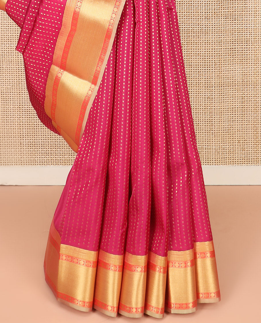 Red Vasundhara Lite Silk Mix Saree, Richly Detailed with Zari Buttas All Over Its Body, Complemented by Contrast Border of Rudraksham, Muthu, and Mayil Kann Designs, Grandly Woven Pallu of Jaal Designs, and Paired with a Contrast Blouse