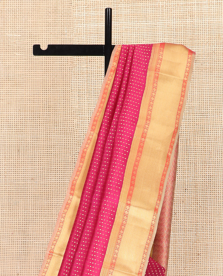 Red Vasundhara Lite Silk Mix Saree, Richly Detailed with Zari Buttas All Over Its Body, Complemented by Contrast Border of Rudraksham, Muthu, and Mayil Kann Designs, Grandly Woven Pallu of Jaal Designs, and Paired with a Contrast Blouse