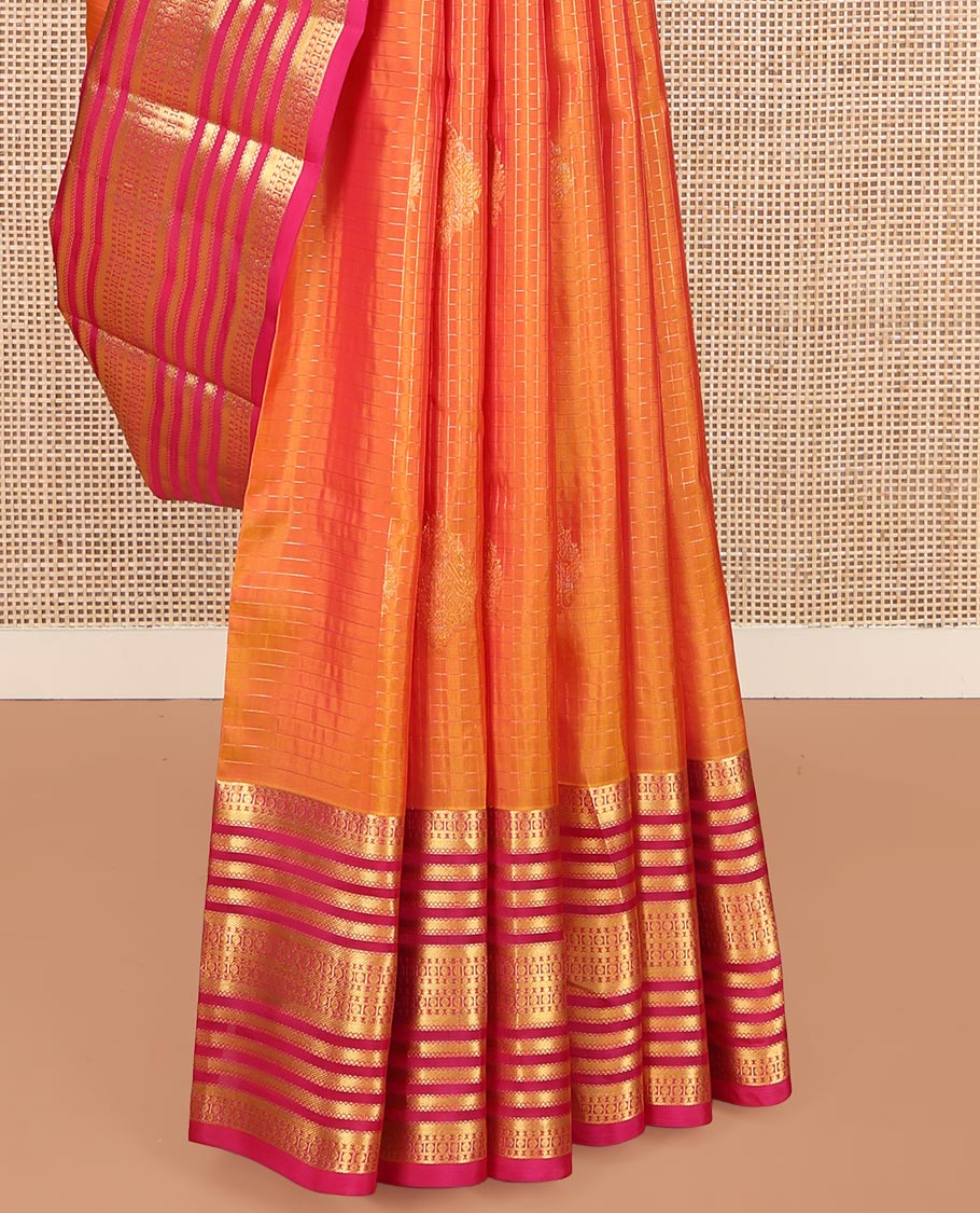 Orange Vasundhara Lite Silk Mix Saree, Elegantly Highlighted with Zari Buttas and Checks on Its Body, Complemented by a Contrast Border of Poun and Banaras Designs, Grand Jaal Pallu, and Paired with a Contrast Blouse