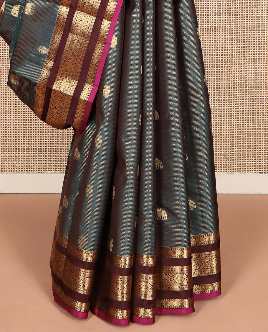 Blue Vasundhara Lite Silk Mix Saree, Richly Detailed with Yaanai, Iruthalai Pakshi and Vaira Oosai Stripes, Complemented by Captivating Contrast Border of Chakram, Muthu, Banaras, and Kodi Visiry Designs, Grand Pallu and Paired with a Contrast Blouse