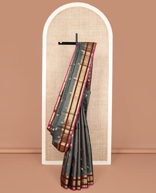 Blue Vasundhara Lite Silk Mix Saree, Richly Detailed with Yaanai, Iruthalai Pakshi and Vaira Oosai Stripes, Complemented by Captivating Contrast Border of Chakram, Muthu, Banaras, and Kodi Visiry Designs, Grand Pallu and Paired with a Contrast Blouse