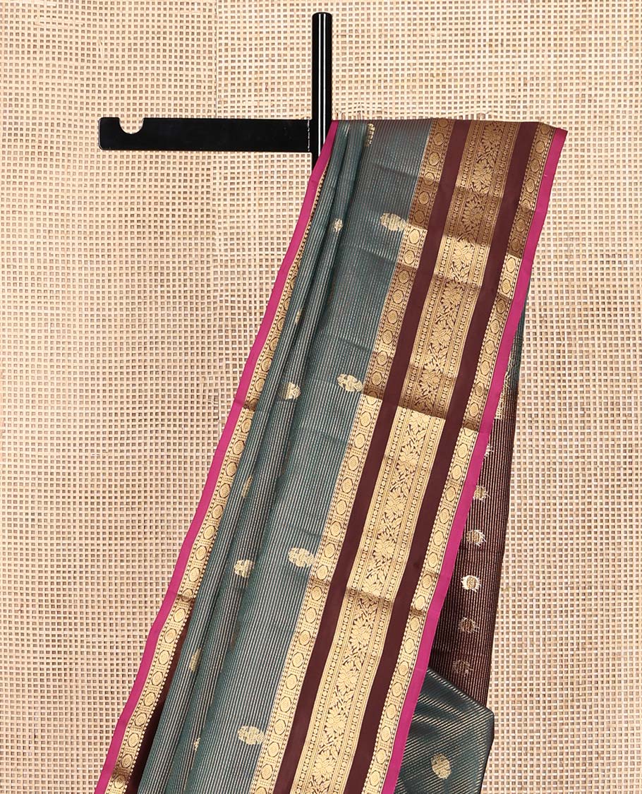 Blue Vasundhara Lite Silk Mix Saree, Richly Detailed with Yaanai, Iruthalai Pakshi and Vaira Oosai Stripes, Complemented by Captivating Contrast Border of Chakram, Muthu, Banaras, and Kodi Visiry Designs, Grand Pallu and Paired with a Contrast Blouse