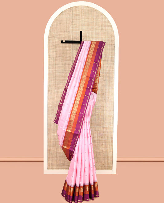 Pink Vasundhara Lite Silk Mix Saree, Crafted with Kamalam Buttas, Complemented by a Contrast Temple Border of Manga, Muthu, Banaras, and Kamalam, Grand Pallu, and a Contrast Blouse