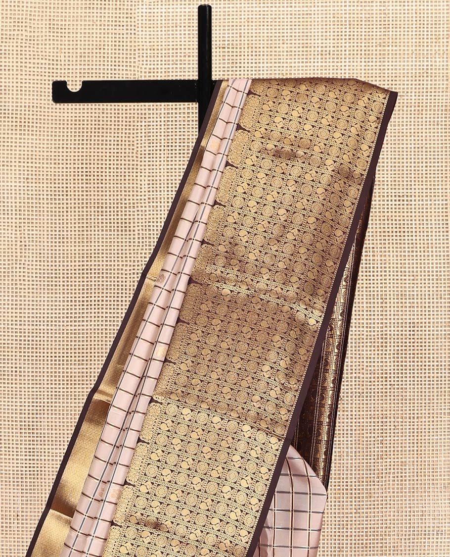 Sandal Vasundhara Lite-Silk Mix Saree Featuring Zari Butta Enclosed Checks, a Contrast Border of Annam-Chakram Enclosed Checks, Annam-Chakram Enclosed Pallu, and a Contrast Blouse