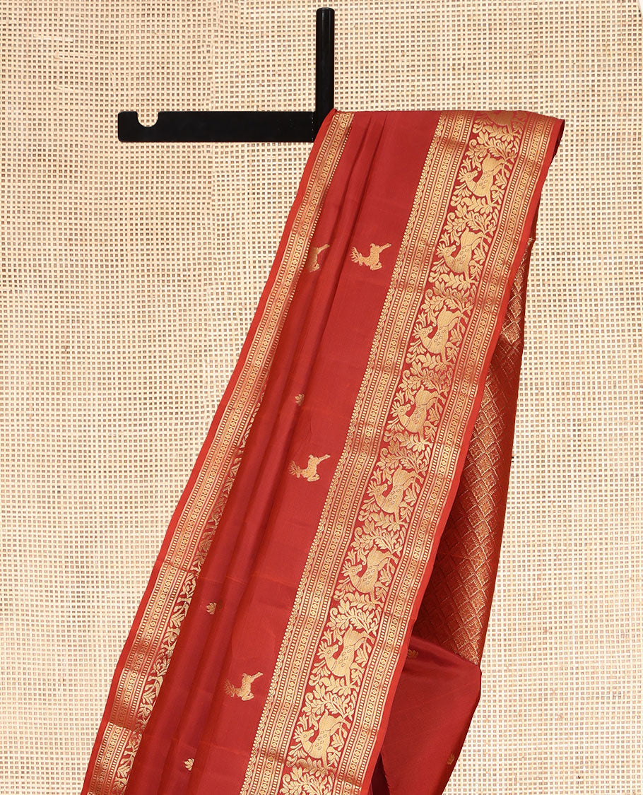 Rust Vasundhara Lite Silk Mix Saree, Gleamed Up with Zari Buttas, a Zari Border of Muthu, Banaras, and Maan Designs, Jaal Pallu, and a Matching Blouse