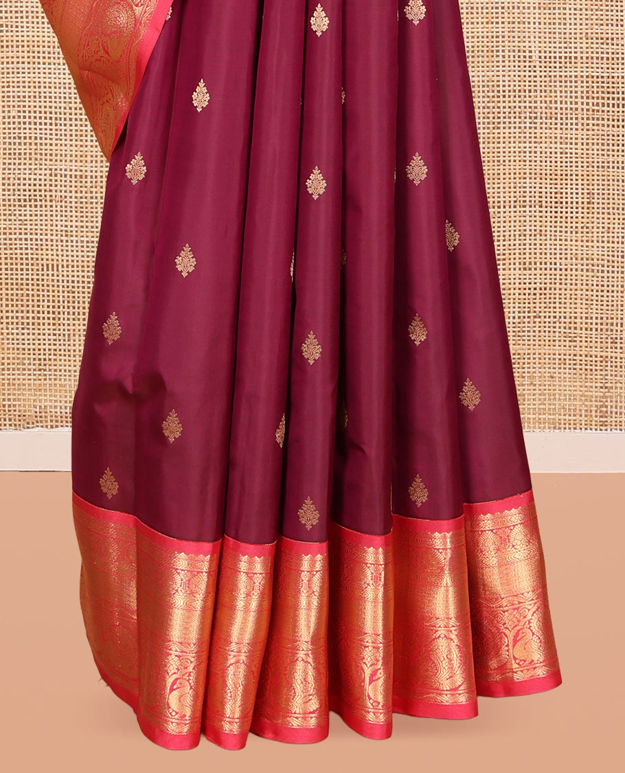 Maroon Vasundhara Lite Silk Mix Saree, Woven with Zari Buttas, a Contrast Border of Mayil Designs, Floral Pallu, and a Contrast Blouse