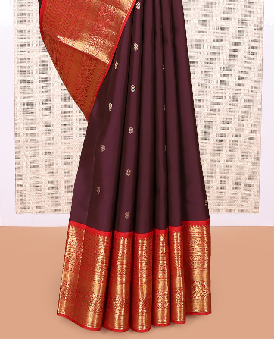Brown Zari Buttas Vasundhara Lite Silk Mix Saree, a Contrast Rekku-Kodi Visiry-Mayil Kann Border, a Contrast Border