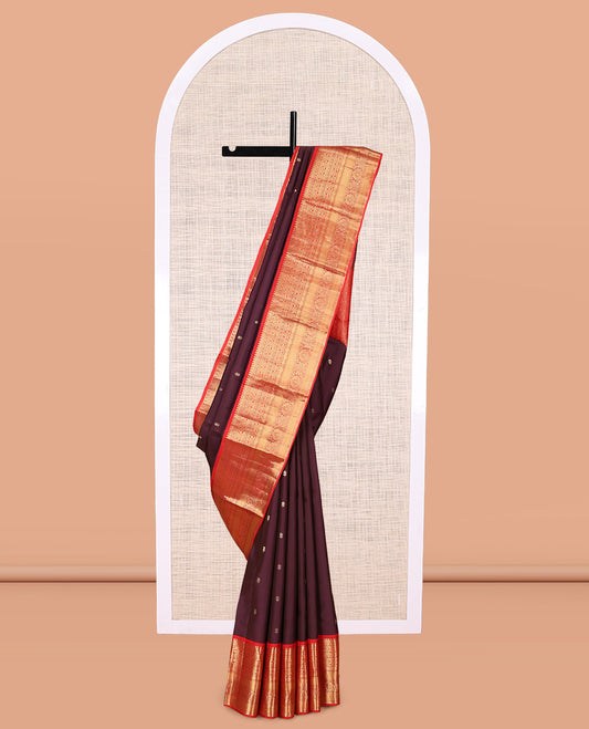 Brown Zari Buttas Vasundhara Lite Silk Mix Saree, a Contrast Rekku-Kodi Visiry-Mayil Kann Border, a Contrast Border