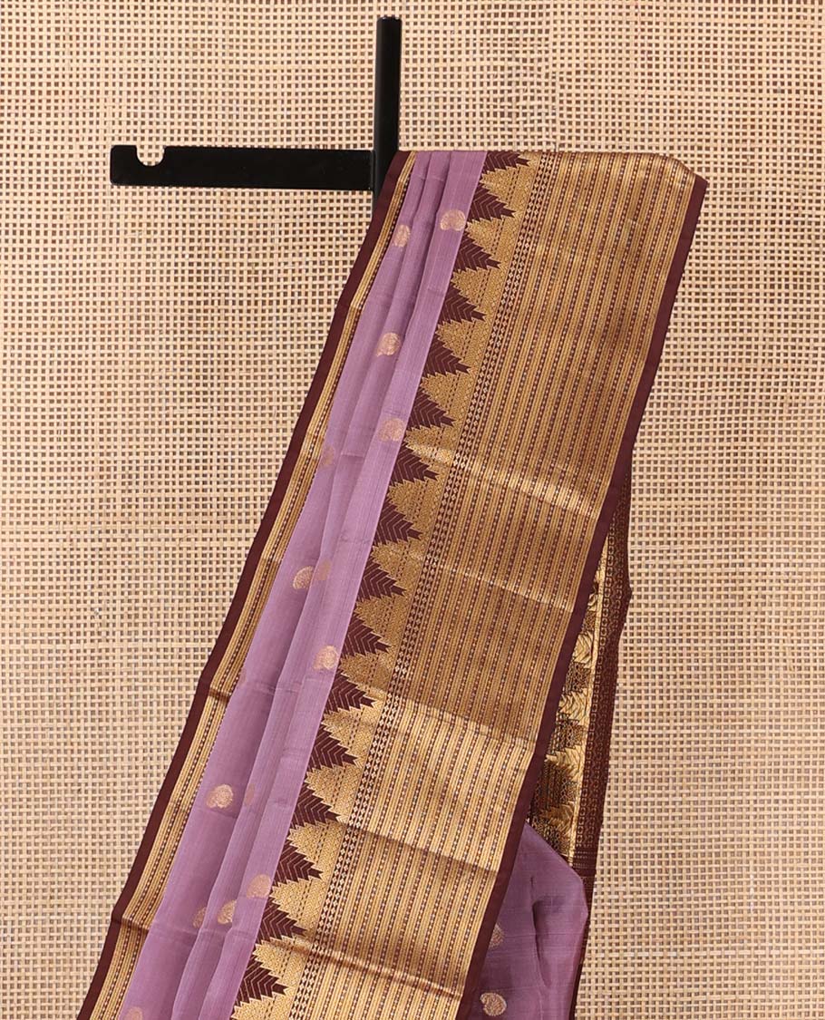 Purple manga buttas Vasundhara silk mix saree, contrast thazampoo rekku border of geometric designs, and geometric patterned pallu