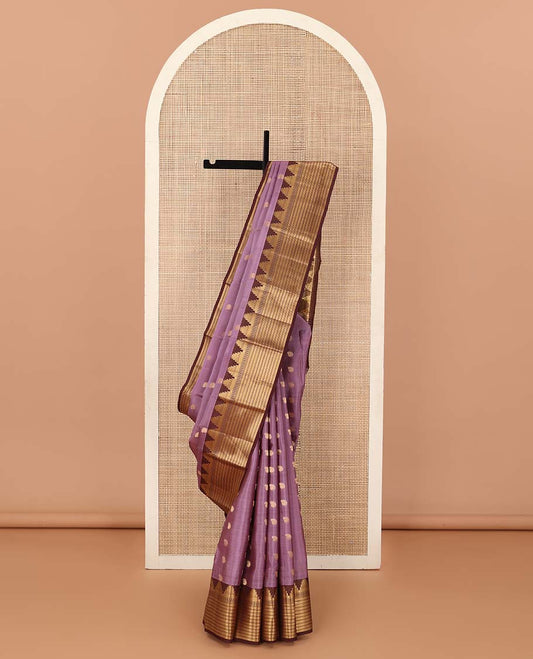 Purple manga buttas Vasundhara silk mix saree, contrast thazampoo rekku border of geometric designs, and geometric patterned pallu