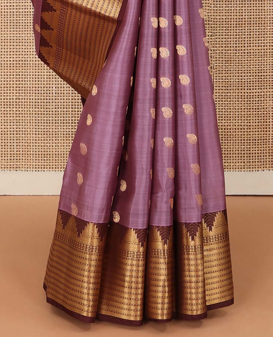 Purple manga buttas Vasundhara silk mix saree, contrast thazampoo rekku border of geometric designs, and geometric patterned pallu