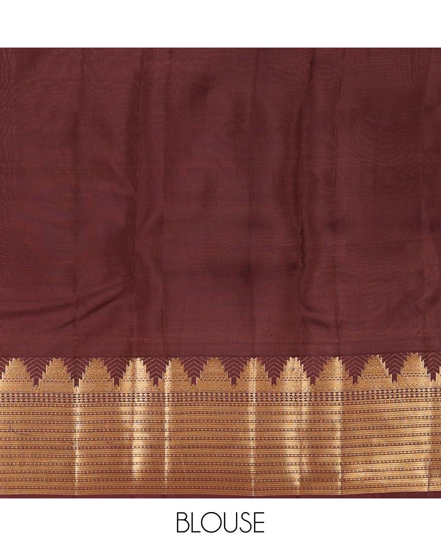 Purple manga buttas Vasundhara silk mix saree, contrast thazampoo rekku border of geometric designs, and geometric patterned pallu